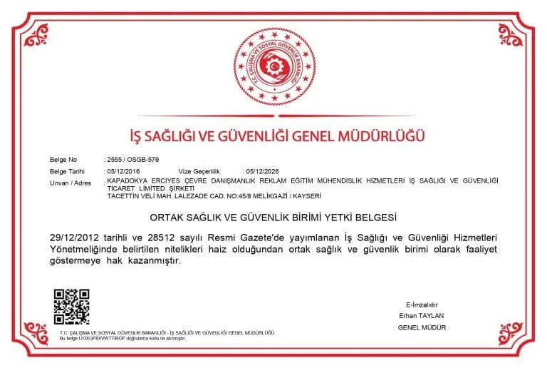 Erciyes OSGB Ortak Sağlık ve Güvenlik Birimi yetki belgesi
